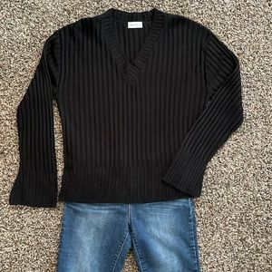 CB Design Black Knit Ribbed Vneck Pullover Sweater, Size Large, Lace Trim